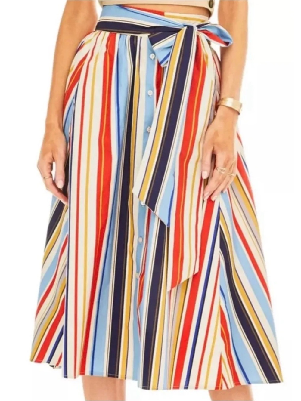 ASTR Multi-Stripe Tie-Waist Midi Skirt in Red, Blue & Yellow